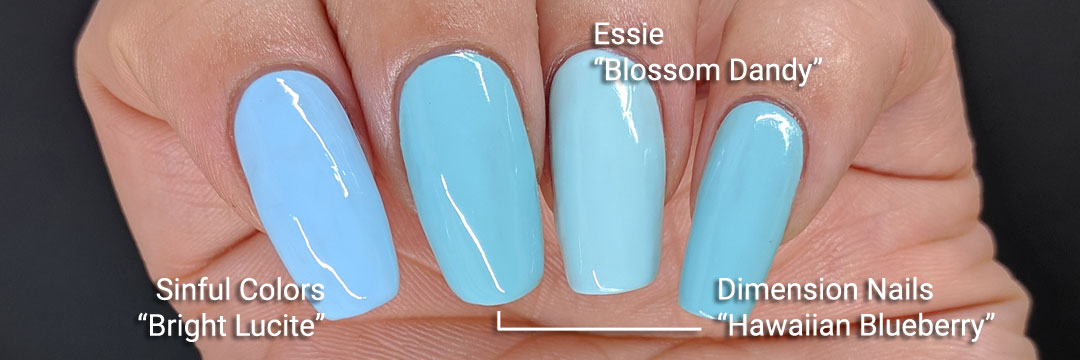 Dimension Nails' "Hawaiian Blueberry" comparison swatch - Hermit Werds - swatched with Essie's "Blossom Dandy" and Sinful Colors' "Bright Lucite"