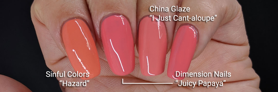 Dimension Nails' "Juicy Papaya" comparison swatch - Hermit Werds - swatched with Sinful Colors' "Hazard" and China Glaze's "I Just Cant-eloupe"