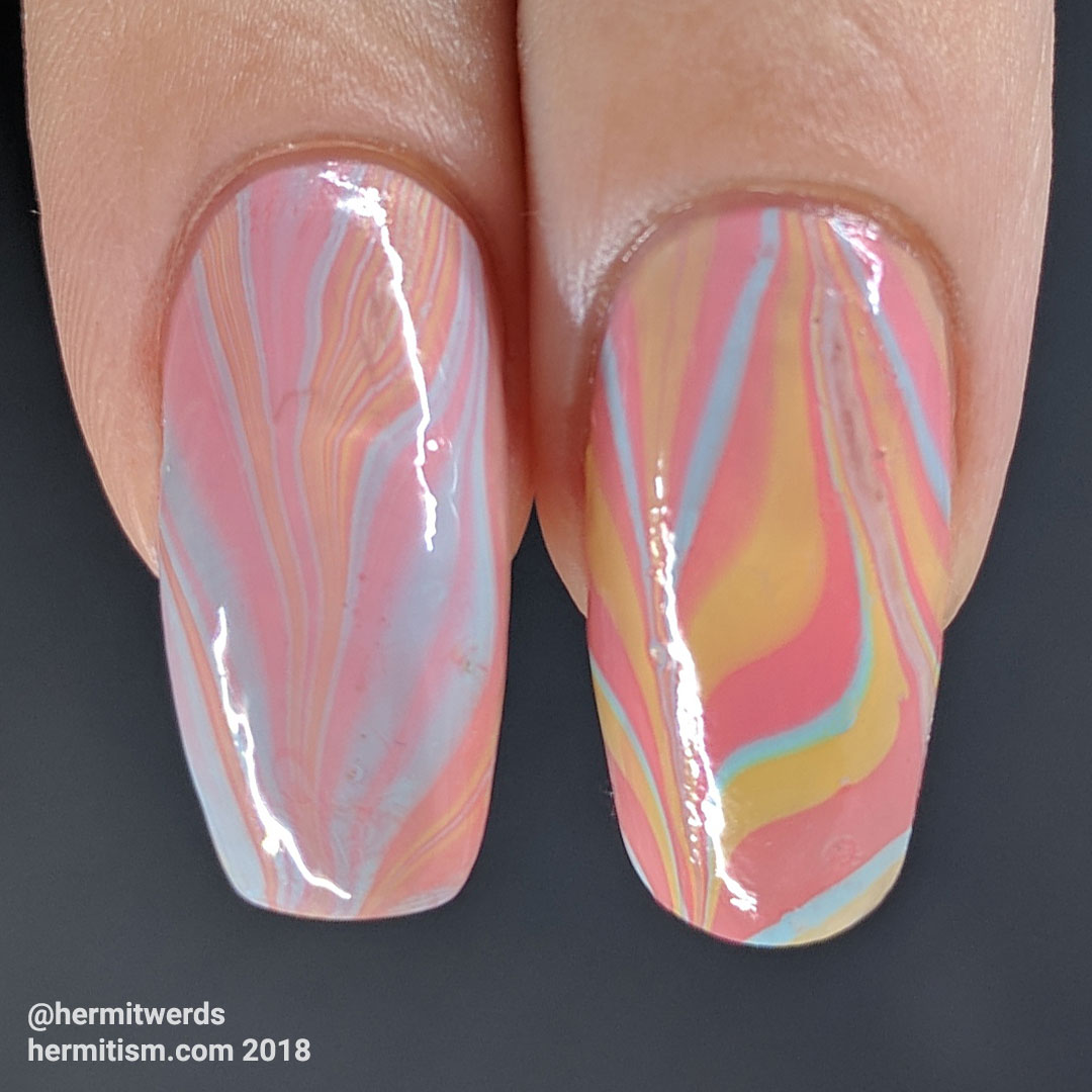 Dimension Nails - test water marble - Hermit Werds - water marble using "Hawaiian Blueberry", "Juicy Papaya", and "Mustard Bird"