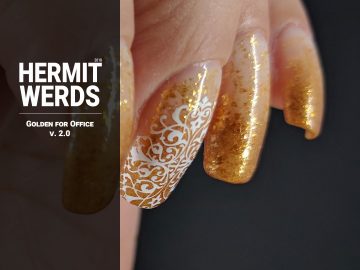 Golden for Office - Hermit Werds - glittery gold baby boomer french tip with a lacy accent nail