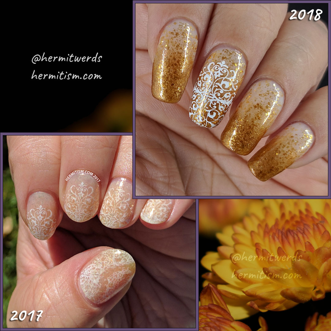 Golden for Office - recreated - Hermit Werds - glittery gold baby boomer french tip with a lacy accent nail