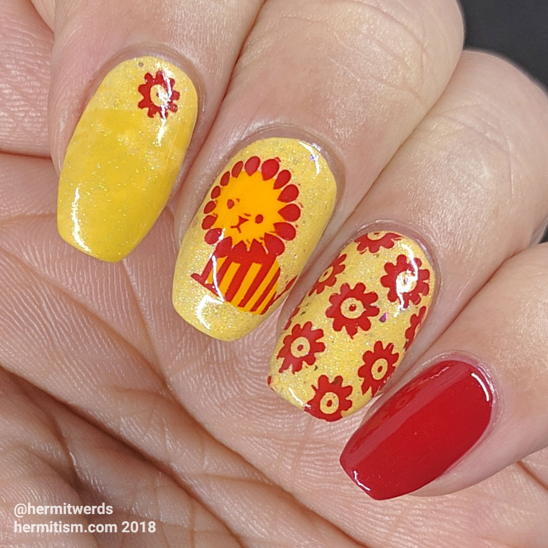 Lions Want Meat Not Flowers - Hermit Werds - bright yellow and red nail art featuring a grumpy lion, flowers, and ham