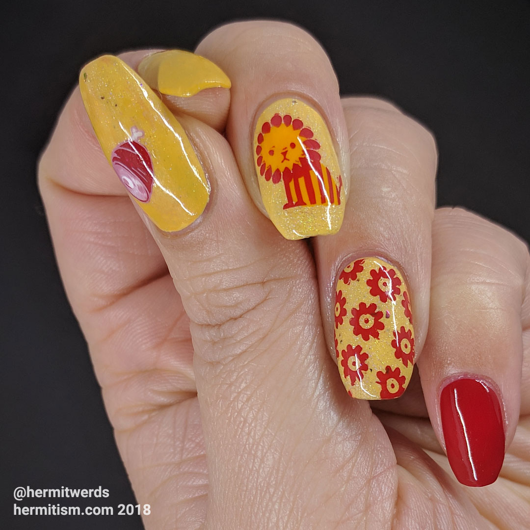 Lions Want Meat Not Flowers - Hermit Werds - bright yellow and red nail art featuring a grumpy lion, flowers, and ham