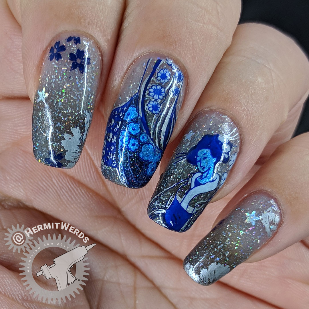 Stars of the Orient - Hermit Werds - shimmery blue floral kimono stamping on a blue grey glitter filled background