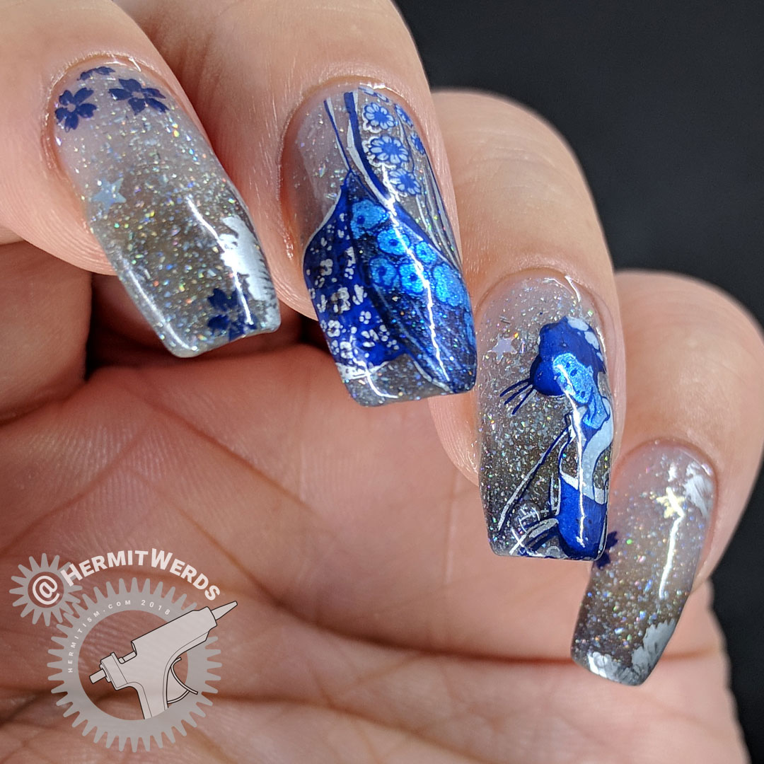 Stars of the Orient - Hermit Werds - shimmery blue floral kimono stamping on a blue grey glitter filled background