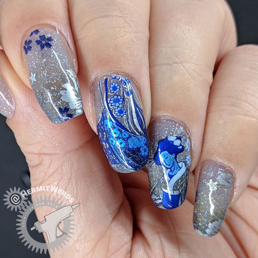 Stars of the Orient - Hermit Werds - shimmery blue floral kimono stamping on a blue grey glitter filled background