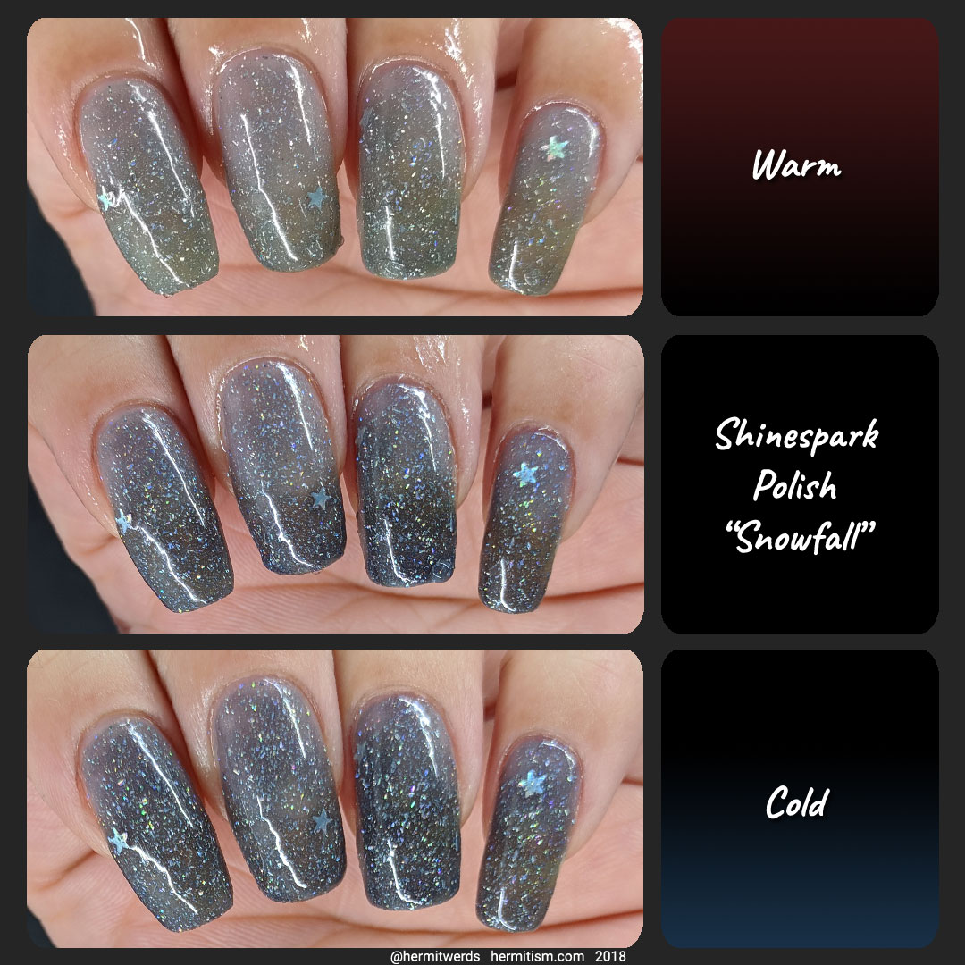 Shinespark Polish's "Snowfall" - Hermit Werds - swatch of a blue grey thermal polish full of glitters