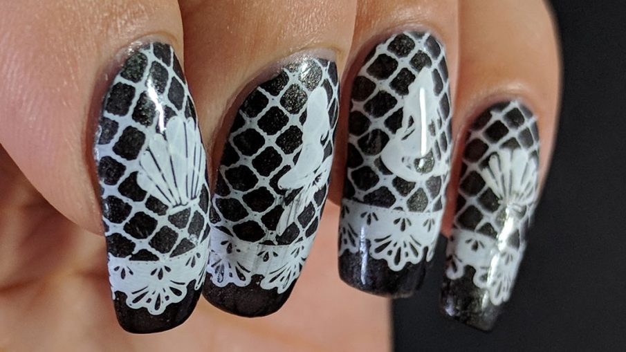 Black & White Lace - Hermit Werds - white mermaid- and shell-themed lace stamped on a black magnetic polish