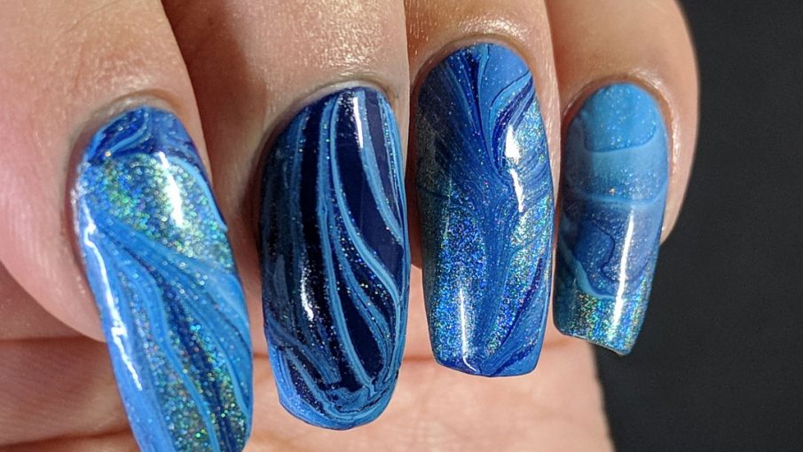 Blue Water Marble - Hermit Werds - blue water marble with four nail polishes