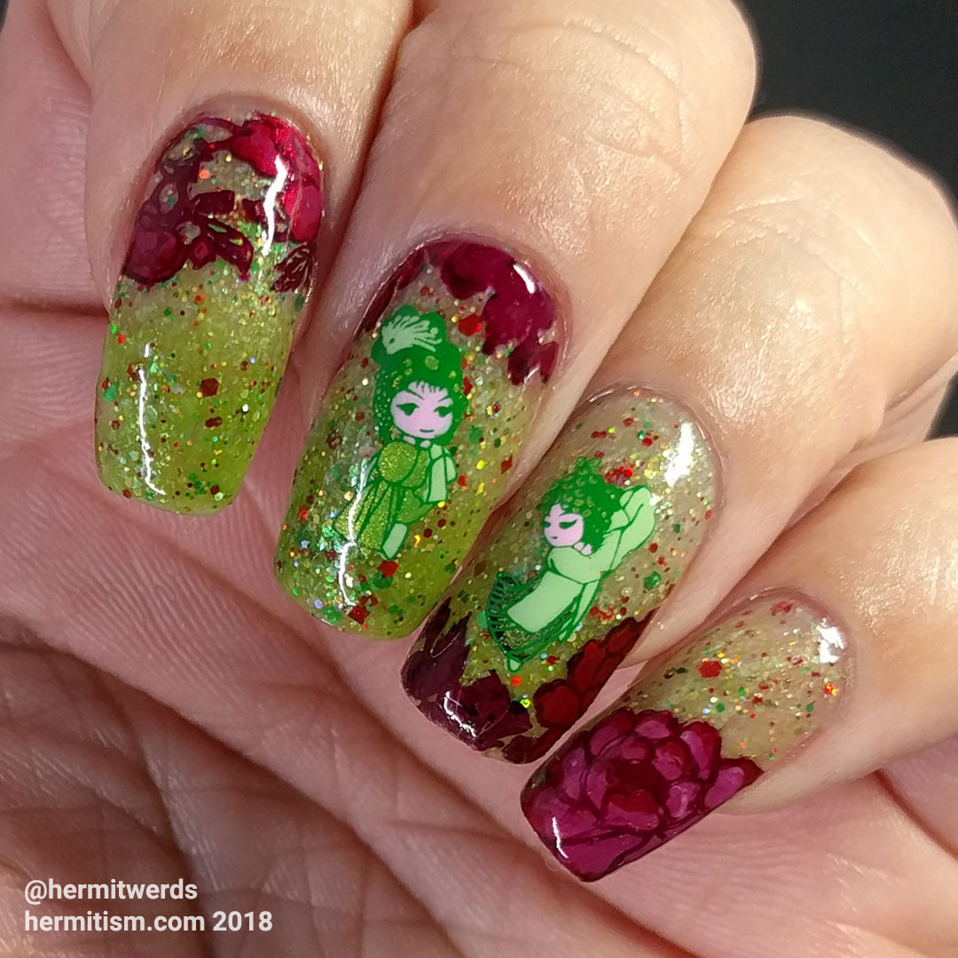 Flowers for Molly - Hermit Werds - red/green thermal polish with red flowers and green Chinese dancing girls