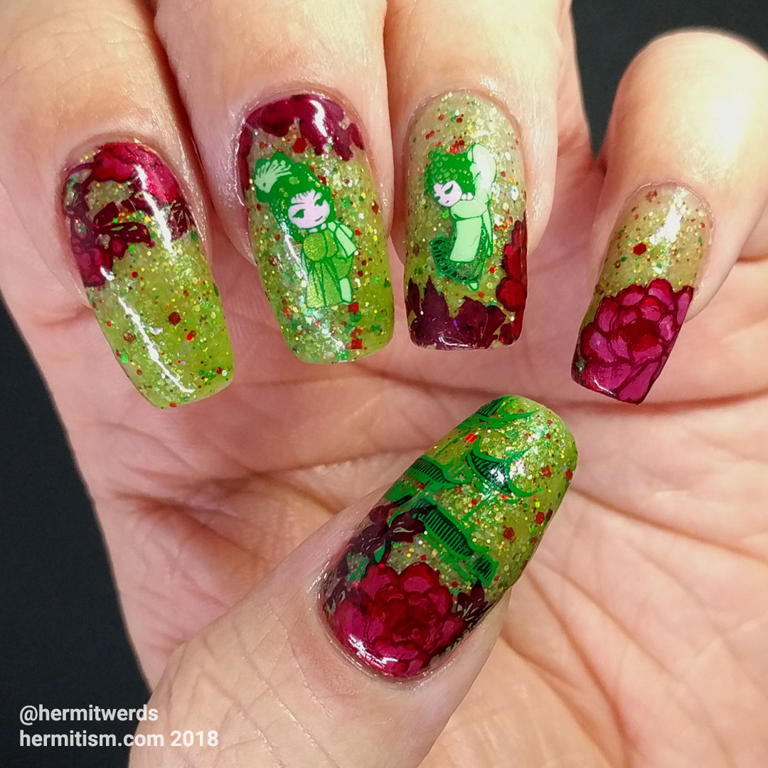 Flowers for Molly - Hermit Werds - red/green thermal polish with red flowers and green Chinese dancing girls