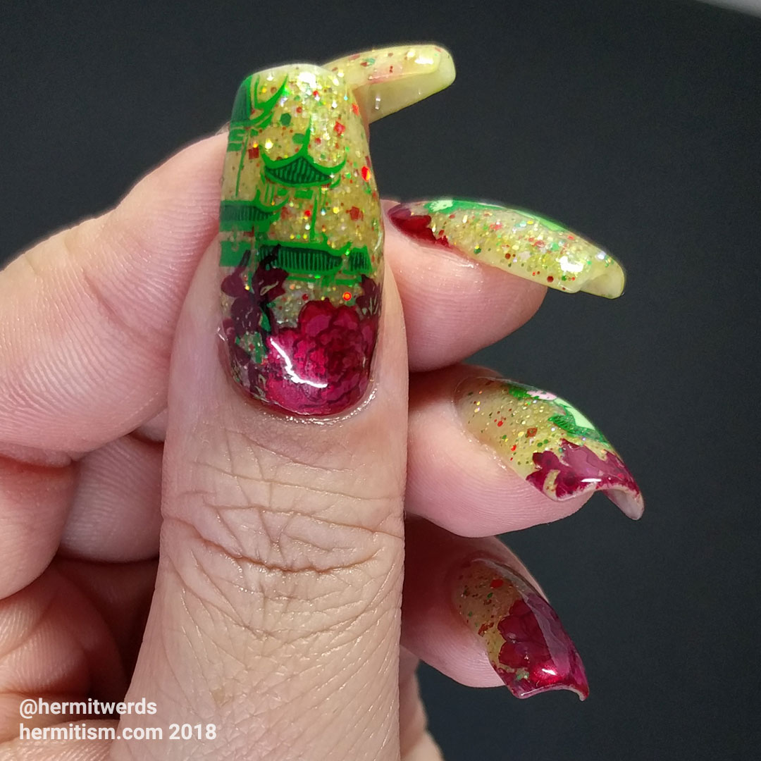 Flowers for Molly - Hermit Werds - red/green thermal polish with red flowers and green Chinese dancing girls