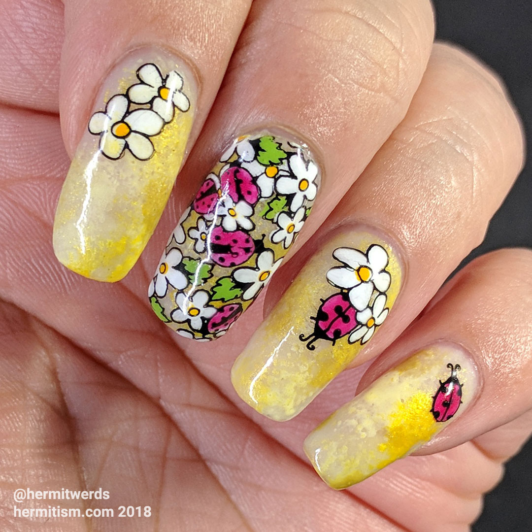 Ladybug Aggregation - Hermit Werds - nail art with soft, sweet ladybugs and daisies against a bright yellow background