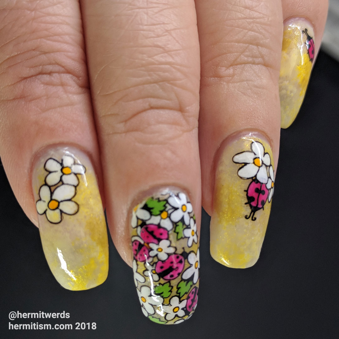 Ladybug Aggregation - Hermit Werds - nail art with soft, sweet ladybugs and daisies against a bright yellow background