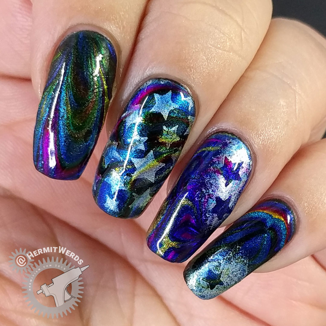Metallic Stars - Hermit Werds - water marble nail art with a rainbow of metallic polishes and silver star outlines