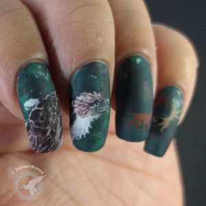 Philippine Monkey-eating Eagle - Hermit Werds - freehand nail art of a Philippine Monkey-eating Eagle on a dark green background with fleeing monkey silhouettes