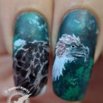 Philippine Monkey-eating Eagle (macro) - Hermit Werds - freehand nail art of a Philippine Monkey-eating Eagle on a dark green background with fleeing monkey silhouettes