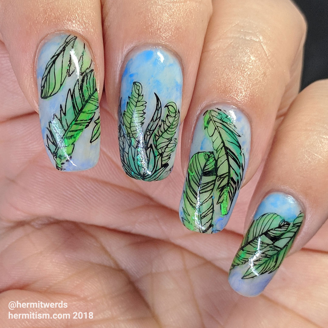 Watercolor Flowers - Hermit Werds - feather nail art filled in with watercolor paints in soft greens and blues