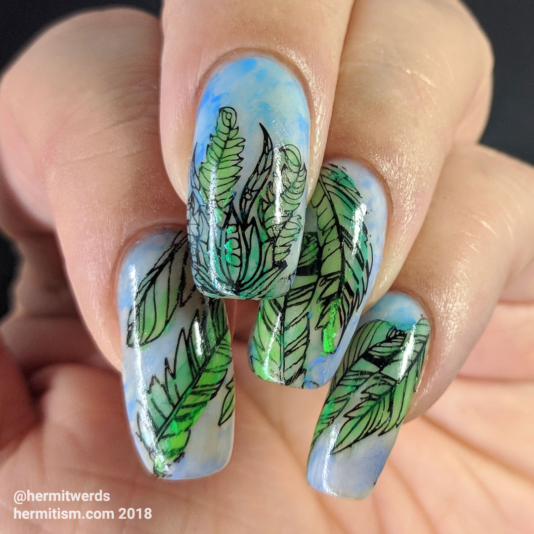 Watercolor Flowers - Hermit Werds - feather nail art filled in with watercolor paints in soft greens and blues