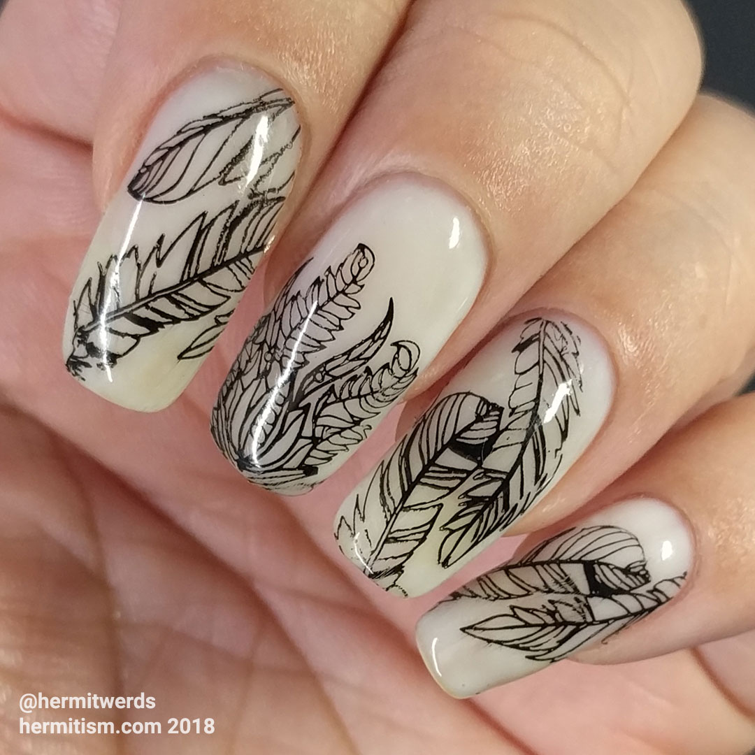 Watercolor Flowers (outlines) - Hermit Werds - feather nail art in black and opal white waiting to be painted over