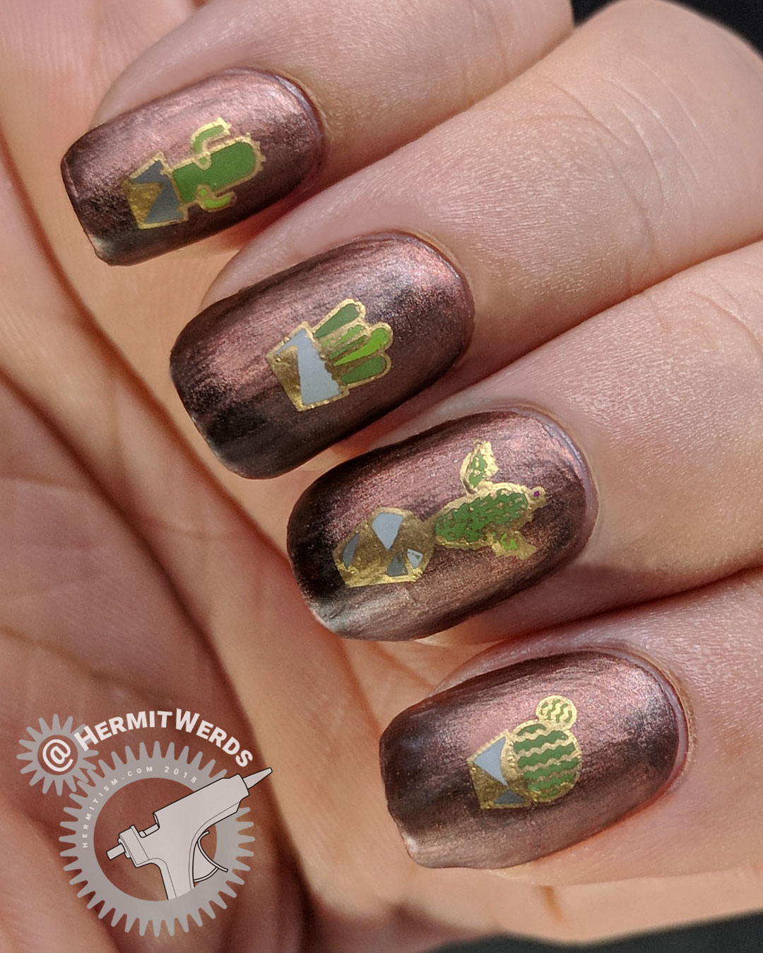 Concrete & Cacti - Hermit Werds - deep terracotta magnetic polish with cacti in concrete planters decals