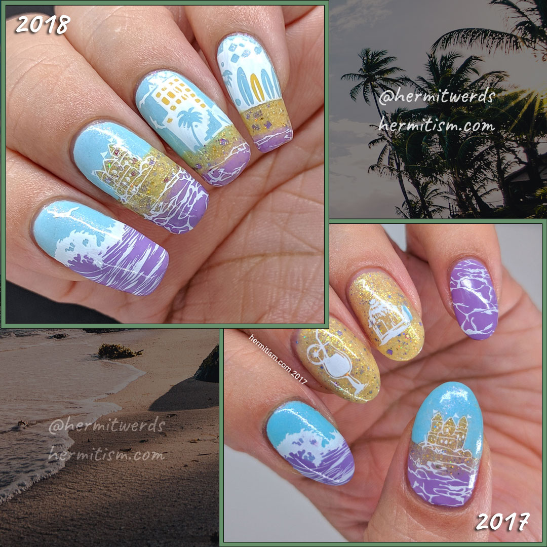 Day at the Beach 2.0 - Hermit Werds - nail art of a lilac ocean and glittery sand with waves, sandcastle, and beach-y city.