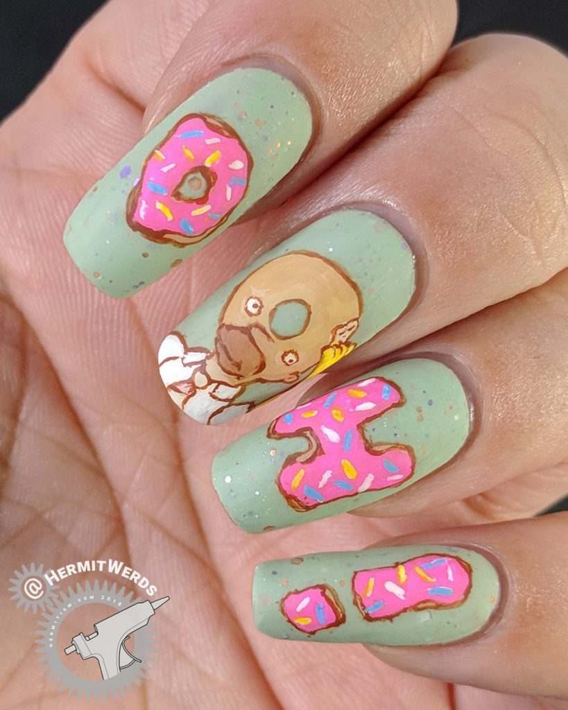 The Simpsons - Homer the Donut - Hermit Werds - freehand nail art of Homer Simpson turned into a donut head with his catchprase "Doh"