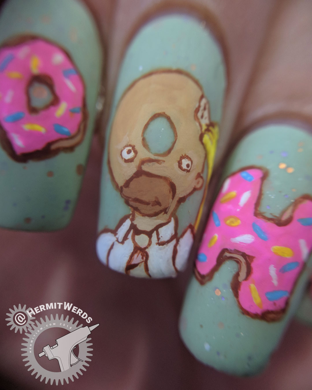 The Simpsons - Homer the Donut (macro) - Hermit Werds - freehand nail art of Homer Simpson turned into a donut head with his catchprase "Doh"
