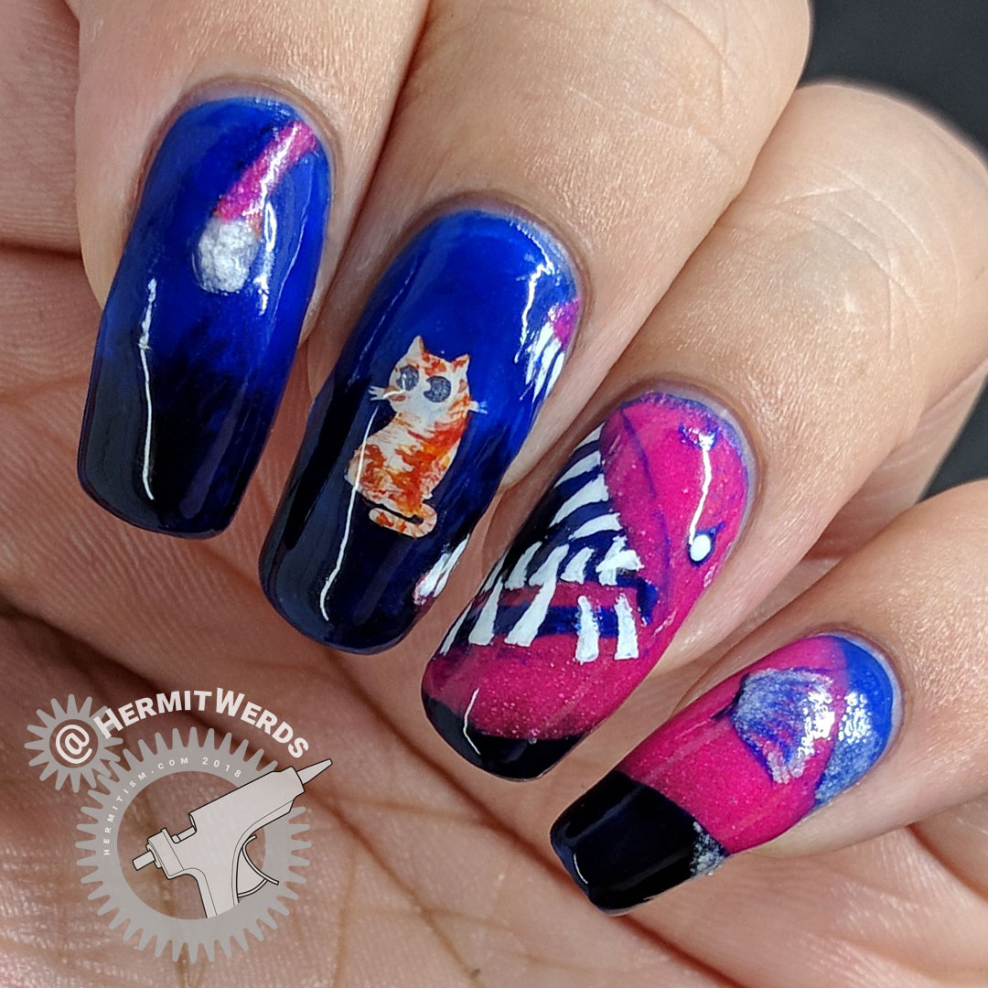 Look Out, Cat! - Hermit Werds - glow in the dark nail art featuring a cat distracted by an angler fish's glowing lure