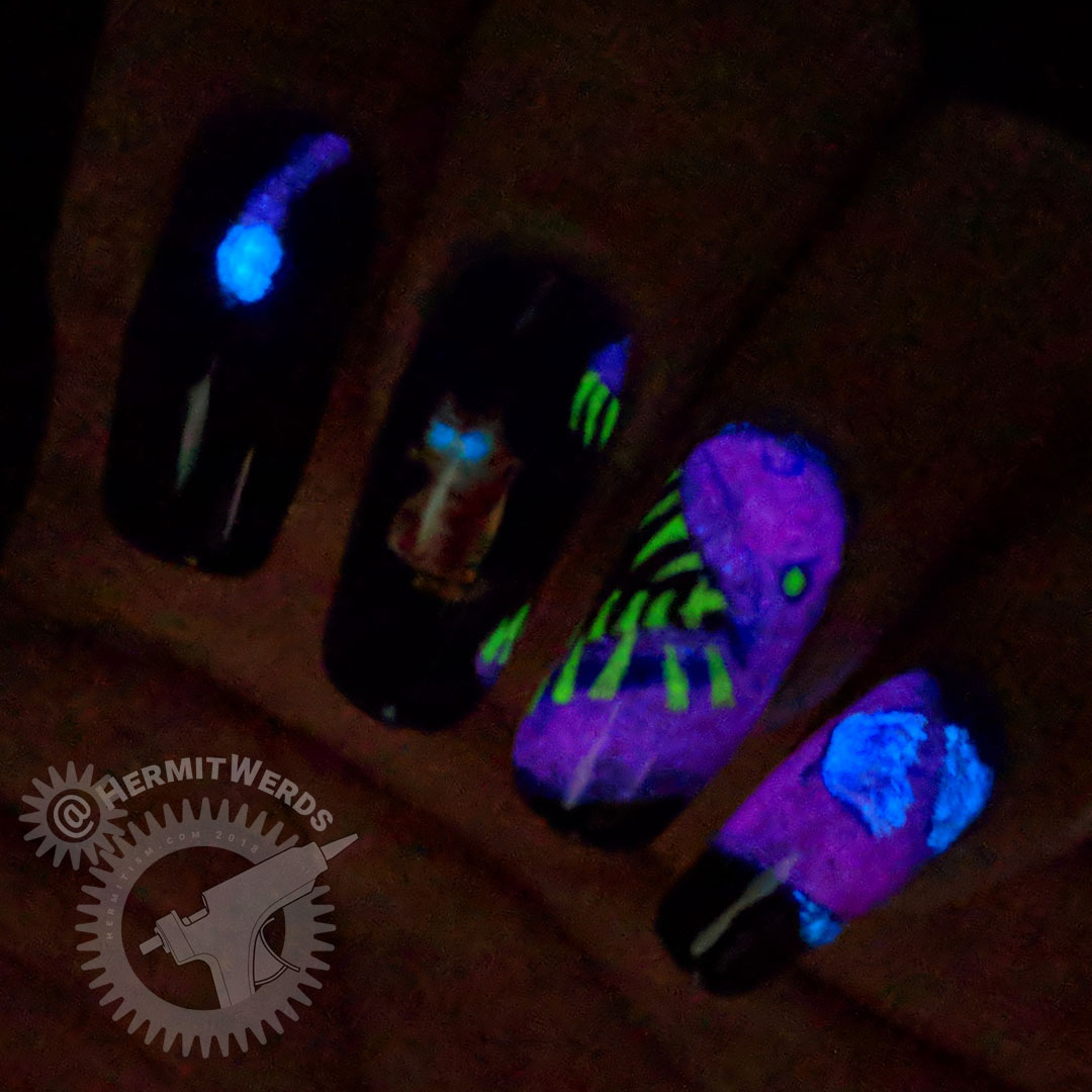 Look Out, Cat! - Hermit Werds - glow in the dark nail art featuring a cat distracted by an angler fish's glowing lure