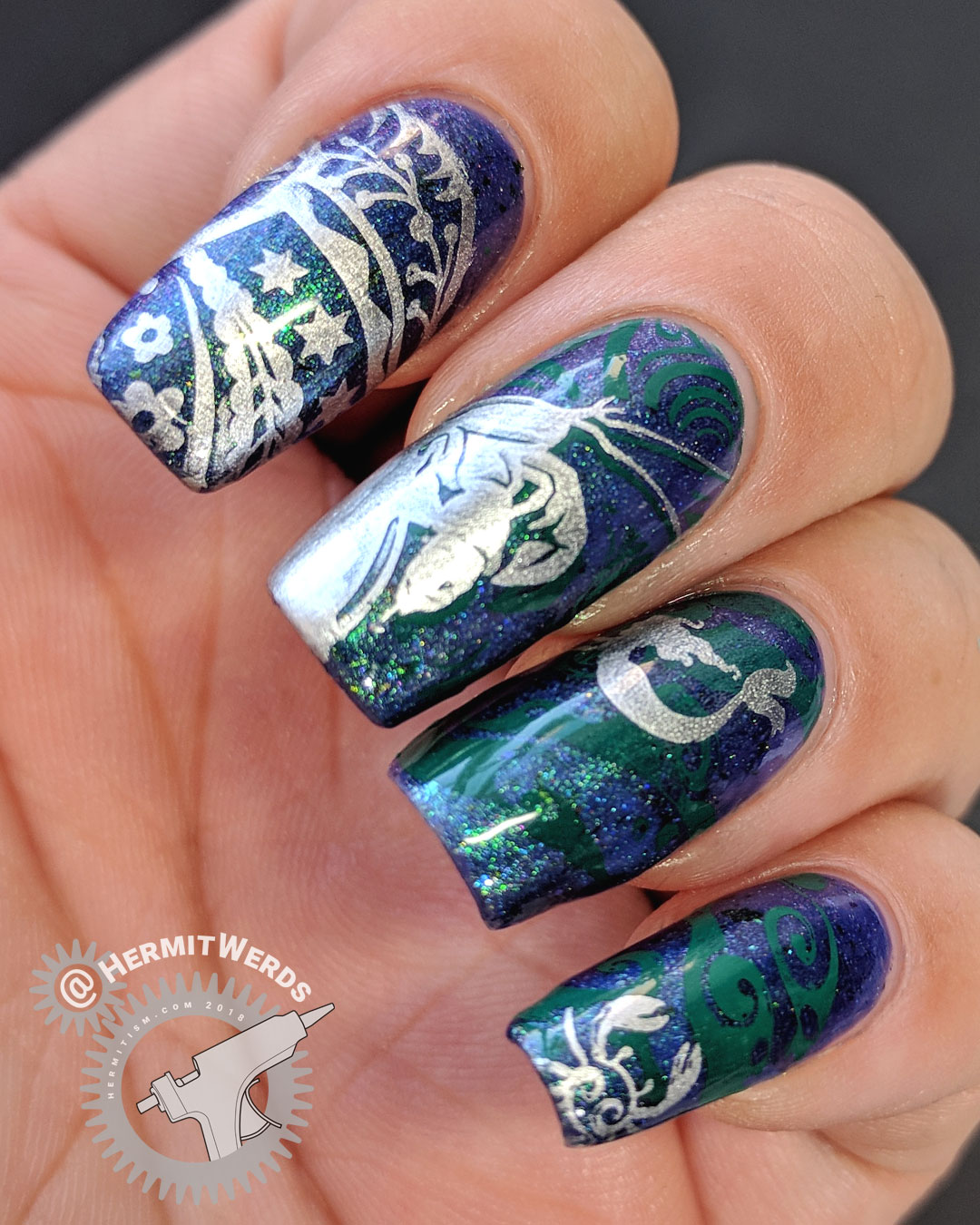 My Mermaid Has Crabs - Hermit Werds - indigo jelly with green to gold multichrome shimmer base with dark green and silver mermaid and giant crab nail stamps