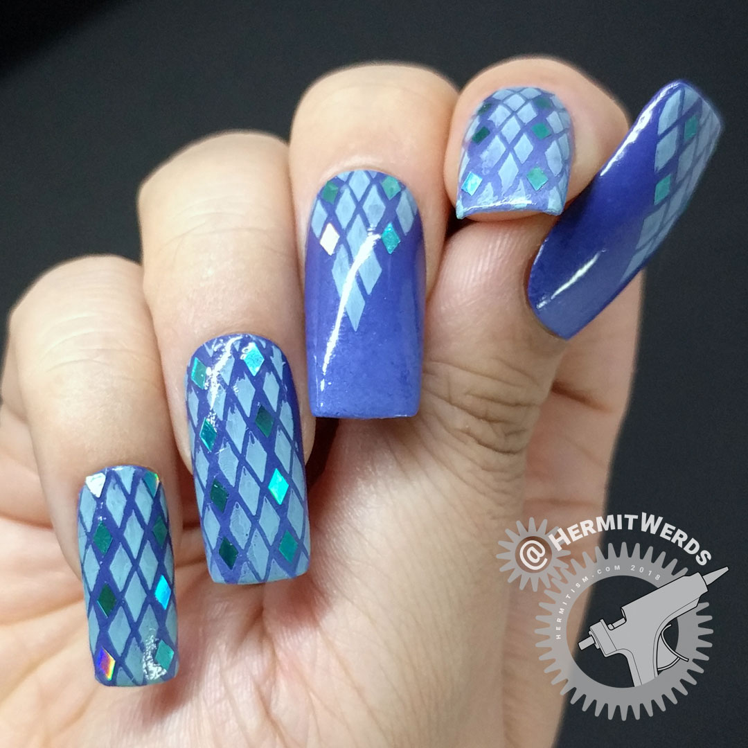 Softly Rhombus-ed - Hermit Werds - a beautiful blend of nail stamping and glitter placement in turquoise and purple