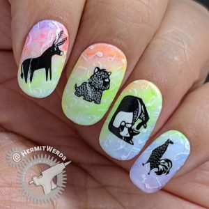 Bremen Town Musicians - Hermit Werds - nail art with a neon rainbow gradient with white musical notes and the Bremen Town Musicians (donkey, dog, cat, and rooster) stamping decals on top