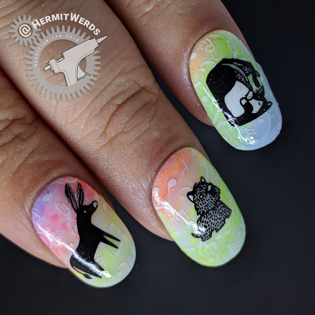 Bremen Town Musicians - Hermit Werds - nail art with a neon rainbow gradient with white musical notes and the Bremen Town Musicians (donkey, dog, cat, and rooster) stamping decals on top