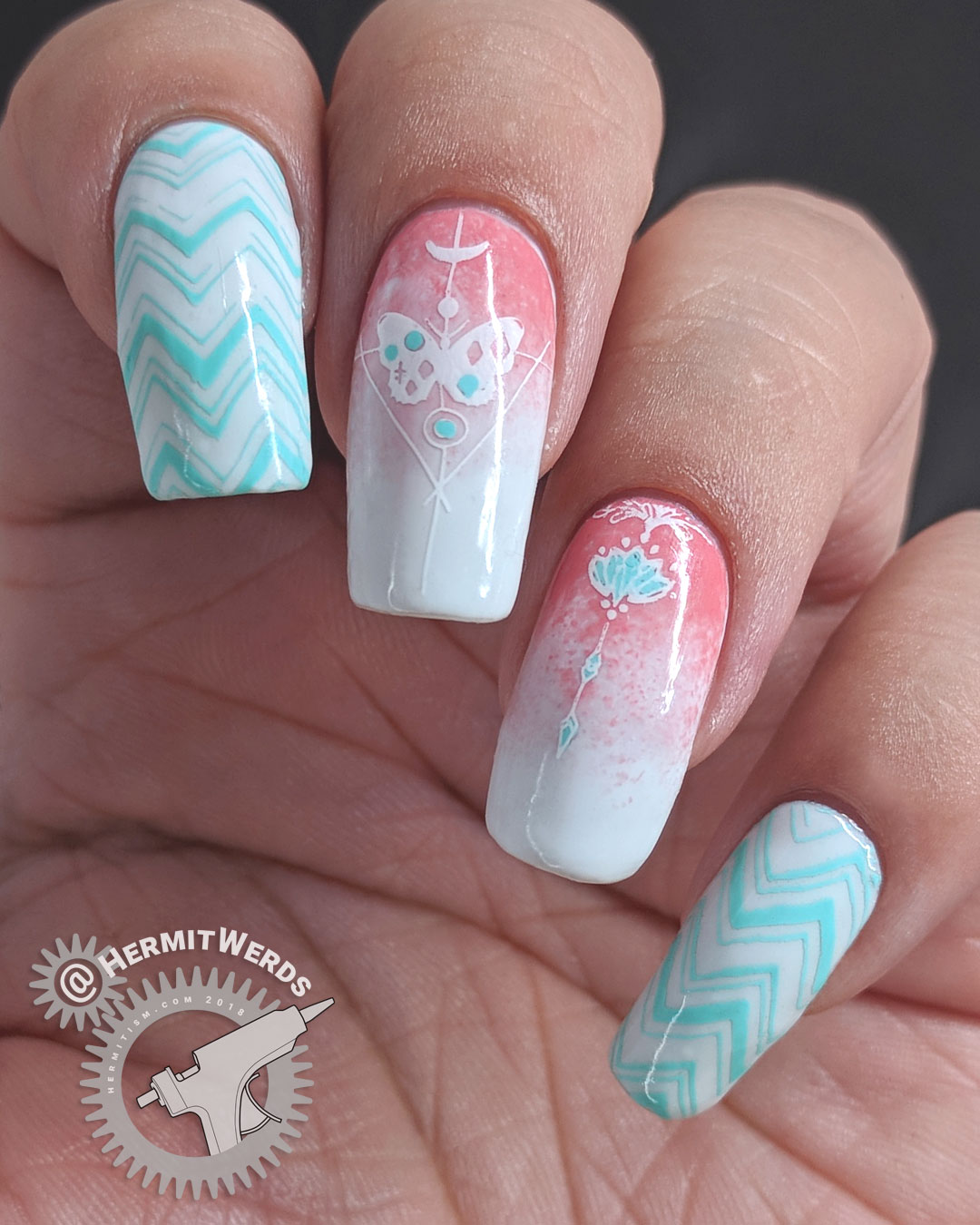 Coral, Mint, and White - Hermit Werds - cool chevron and geometric butterfly/flowering plant stamped on white and coral gradient