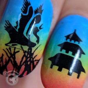 Fifi's Birthday Recreation - Hermit Werds - nail art with a bright rainbow background with clouds, cranes, and an asian temple