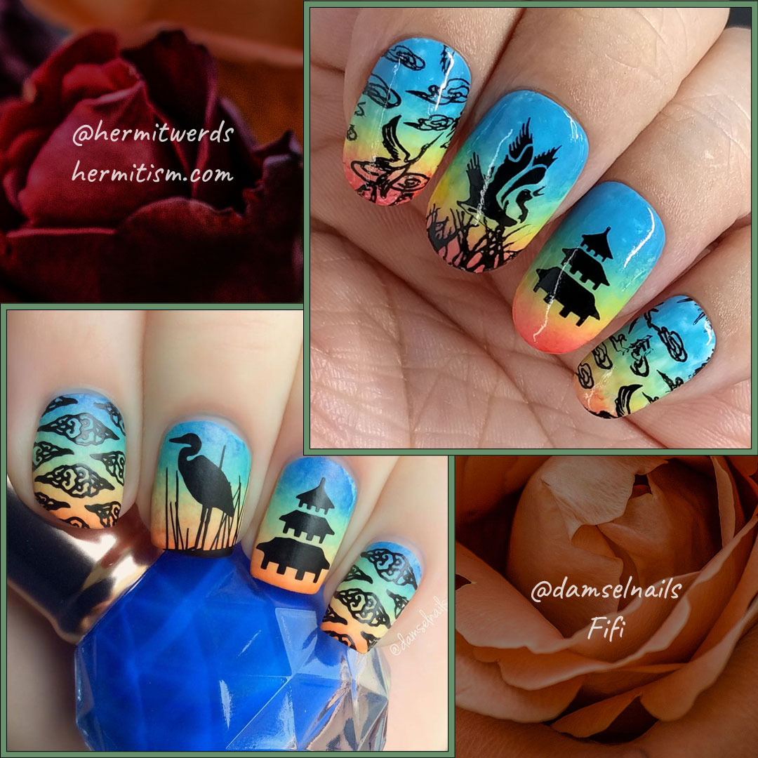 Fifi's Birthday Recreation - comparison - Hermit Werds - nail art with a bright rainbow background with clouds, cranes, and an asian temple