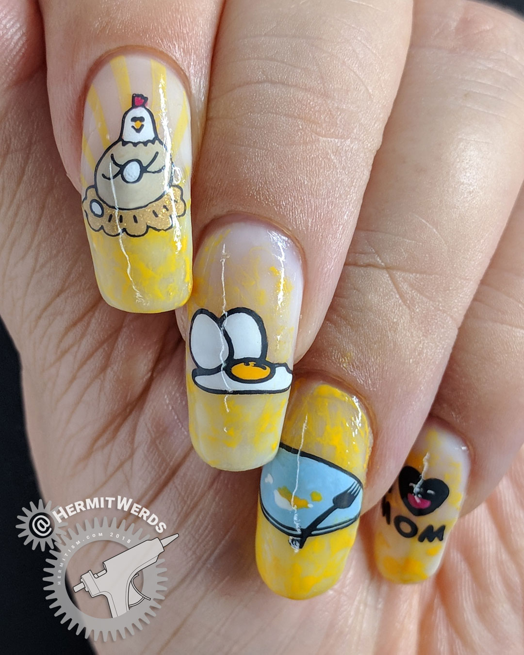 Mother's Eggs - Hermit Werds - nail art celebrating the cycle of eating eggs with hen, sunny side up egg and an empty plate.
