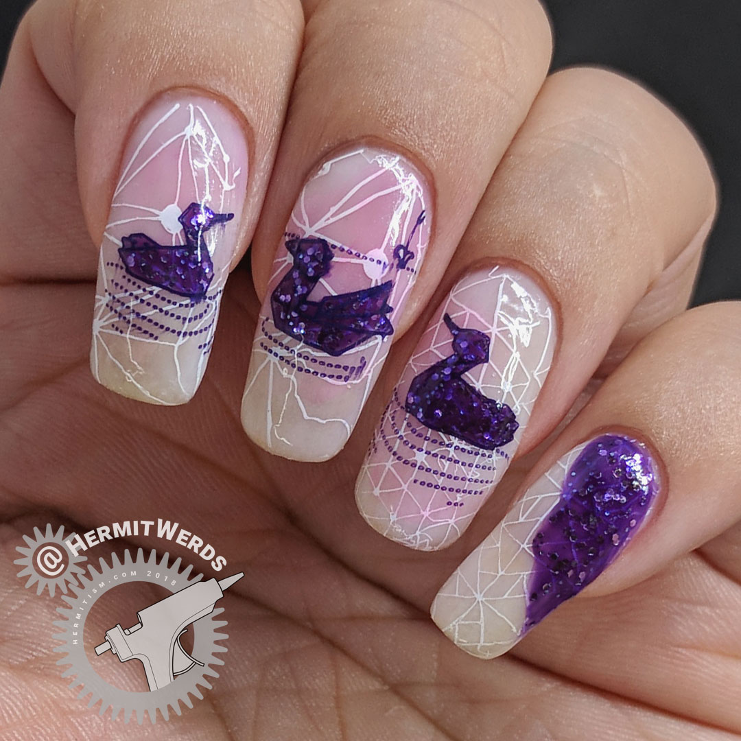 On Violet Waters - Hermit Werds - nail art of origami water birds on a white geometric background with a soft pink to white gradient