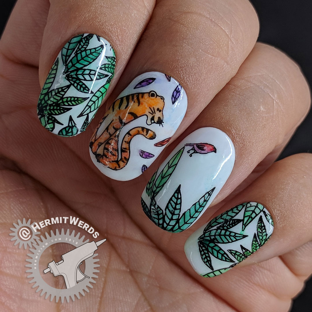 Tiger Munchies - Hermit Werds - nail art of watercolor tiger gazing hungrily at a little bird in the jungle