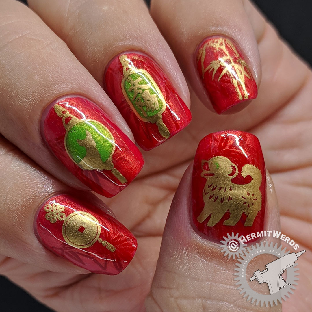 Year of the Dog - Hermit Werds - bold red and gold Chinese New Year nail art for the Year of the Dog with hanging lanterns