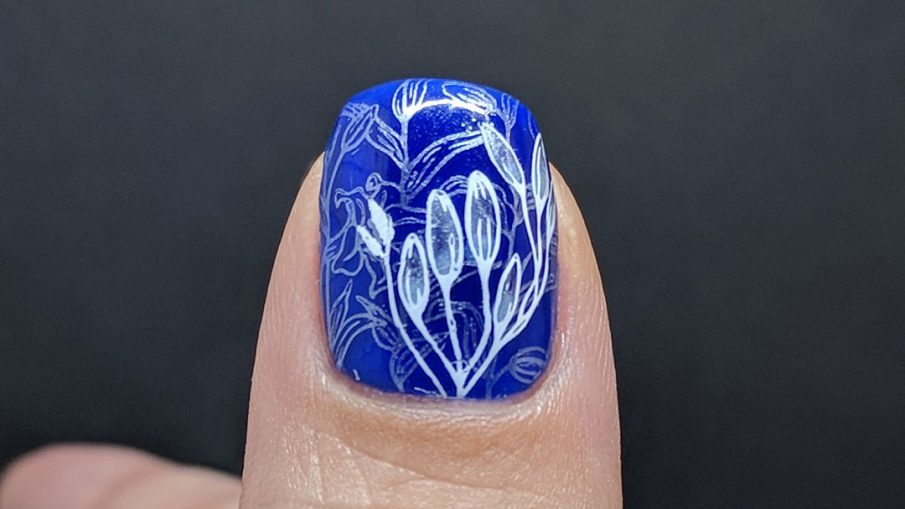 Blue Lily - Hermit Werds - cobalt blue nail art with pearly white lily nail stamping and flower decal