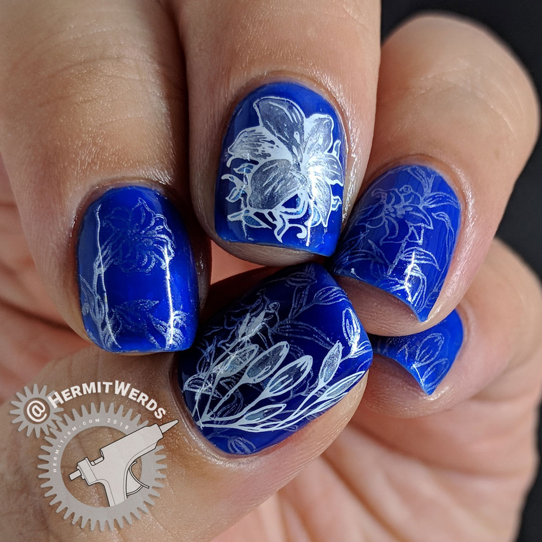 Blue Lily - Hermit Werds - cobalt blue nail art with pearly white lily nail stamping and flower decal