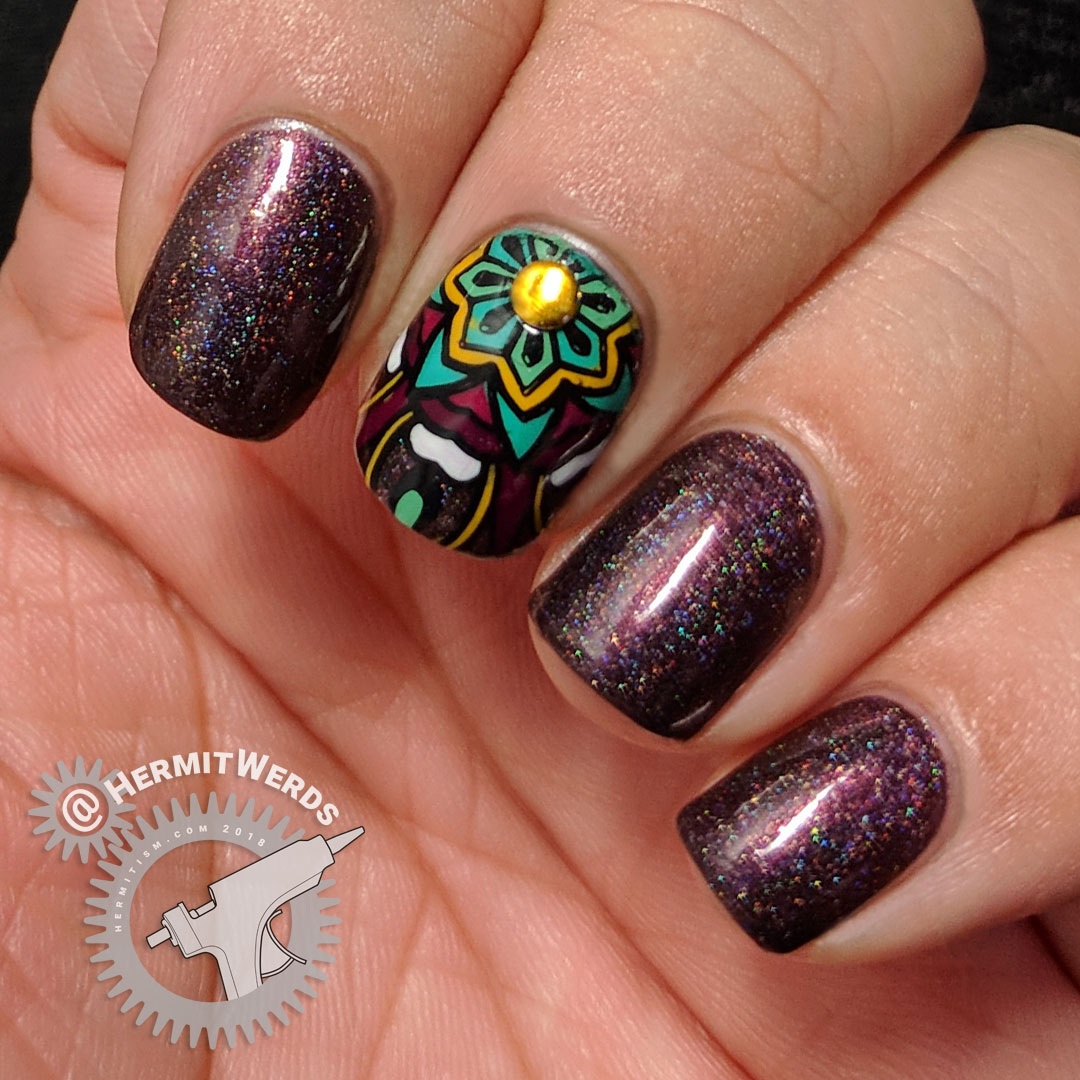 Chocolate Mandala - Hermit Werds - accent nail mandalas in mustard, green, and berry shades with brown scattered holographic nails