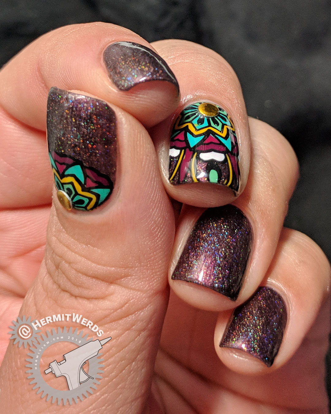 Chocolate Mandala - Hermit Werds - accent nail mandalas in mustard, green, and berry shades with brown scattered holographic nails