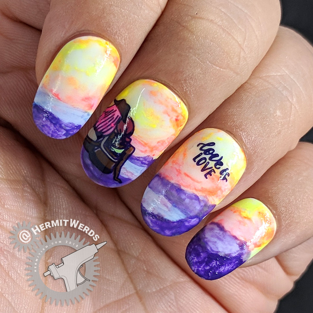Love is Love 2 - Hermit Werds - neon rainbow LGBTQ pride nails with lesbian couple watching the sun set on a beach