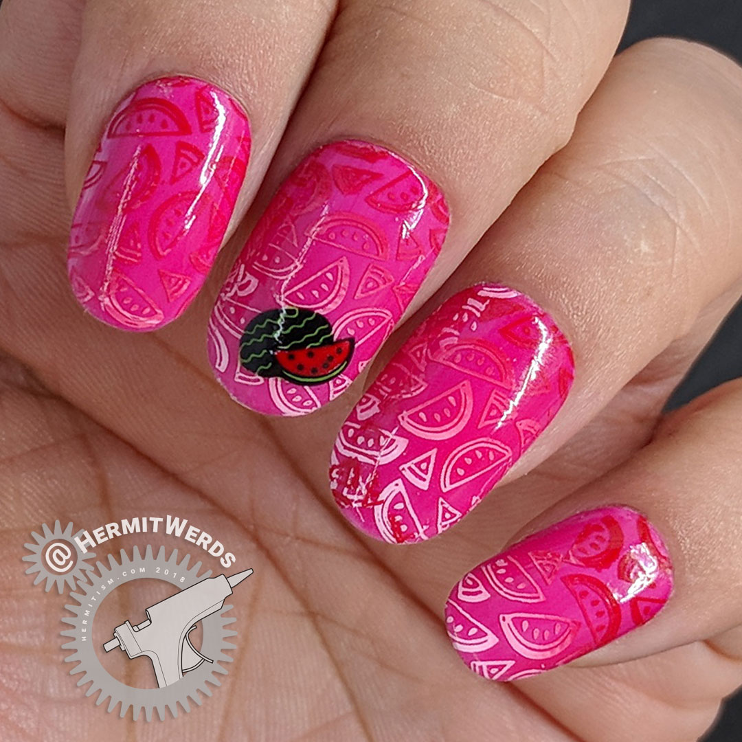 Watermelon Jelly - Hermit Werds - pink jelly watermelon nail art with a gradient-stamped watermelon background