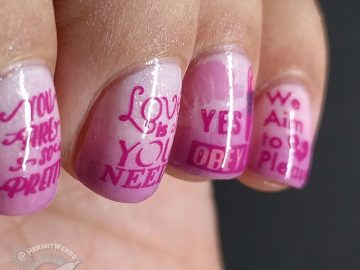 Women's Equality Day - Hermit Werds - pink nail art with stamped messages women often hear that hold them back