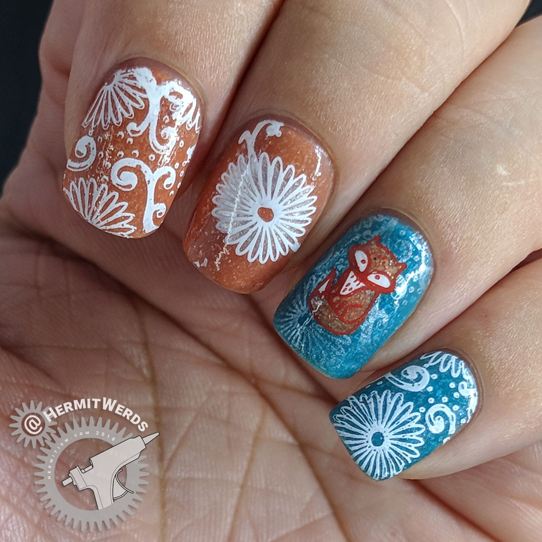 Fox Among Daisies - Hermit Werds - teal and terra cotta nail art with daisies and a fox decals on top