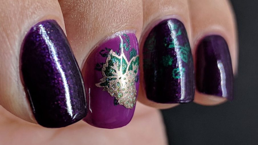 Grape Vine - Hermit Werds - purple grape-colored nail art with green grape decals and grape vines
